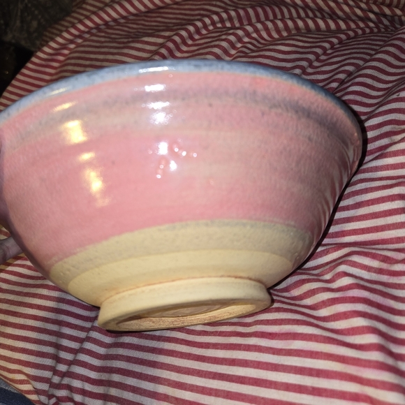 Hand Thrown Studio Art Pottery Bowl in Pink, Blue, & Tan, 8" x 3.5" Tall - Picture 2 of 12